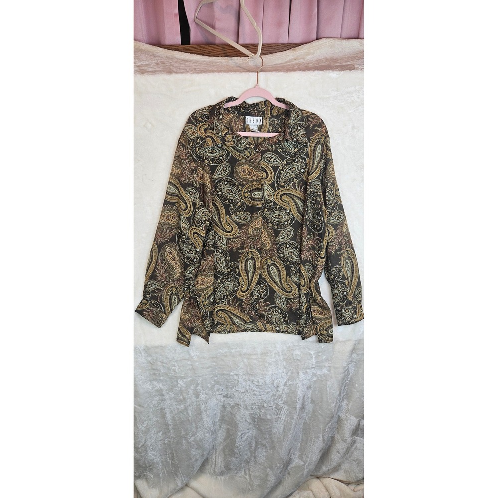 Vintage Erena Woman Brown Paisley Button Front Blouse Long Sleeve Plus Size‎ 1X